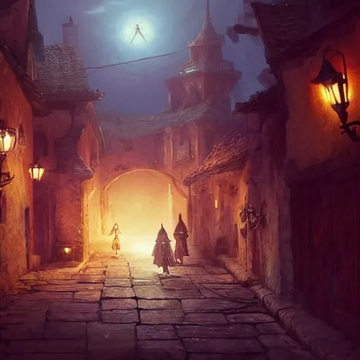 Prompt: A Moogle from Final Fantasy video game sneaking through the streets of a medieval village at night, glowing lights, oil painting, Greg Rutkowski, Charlie Bowater, Beeple, unreal 5, DAZ, hyperrealistic, octane render, RPG portrait, dynamic lighting, fantasy art, beautiful face