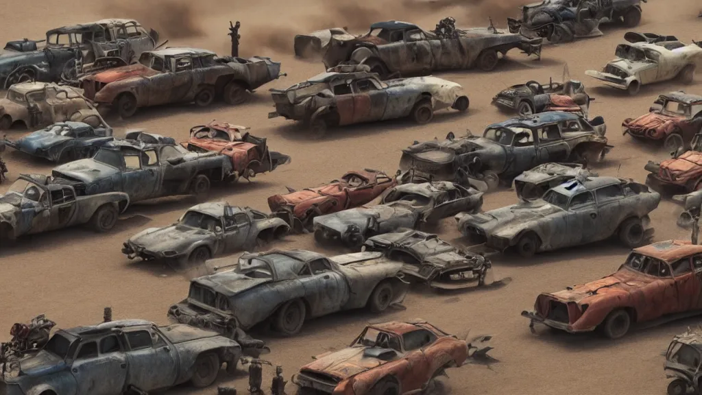 Image similar to pixar cars in mad max fury road, cartoon eyes, war boys, furiosa, explosions, imax