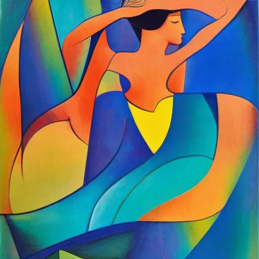 Image similar to woman dances by a river to the rhythm of the water and the wind, abstract art in the style of cubism and Georgia o keefe,