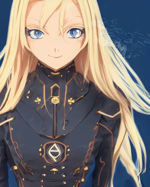 Image similar to Alice Zuberg by Zeronis and Avetetsuya Studios and Mitsu Art, Alicization, flowing blonde hair, anime, symmetrical face, blue eyes, elegant, sunset, trending on artstation, artstationHD, artstationHQ, patreon, 4k, 8k