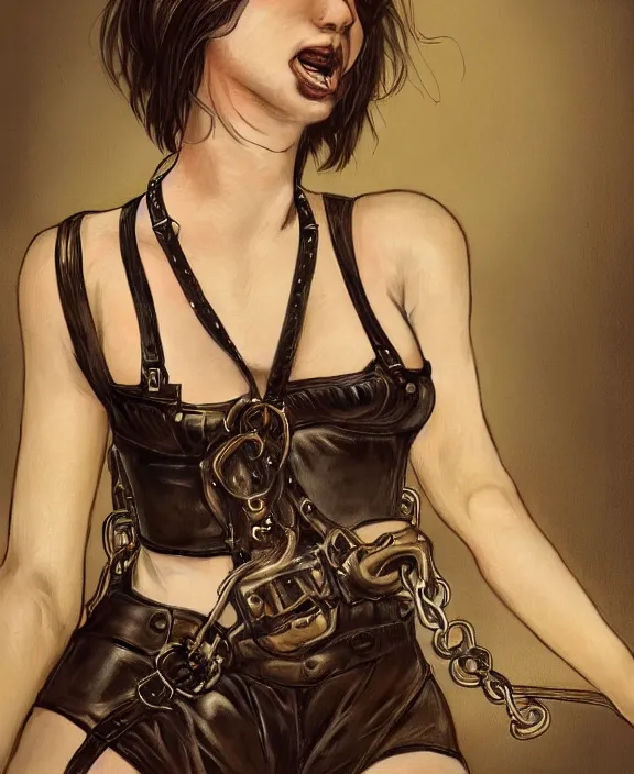 Image similar to a highly detailed portrait, intricate leather suspenders, leather collar and chain, honey birdette, realistic portrait, deep focus, matte, digital painting, artstation, concept art, smooth, sharp focus, cinematic lighting, art by artgerm and greg rutkowski and alphonse mucha, araki nobuyoshi, anders petersen