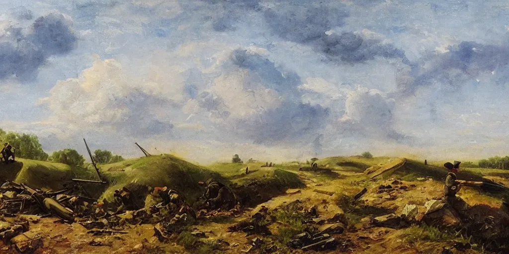 Prompt: landscape scene of an eastern front battlefield, summertime, distant destroyed smoking tank, sandbags, trenches, craters, romanticist oil painting