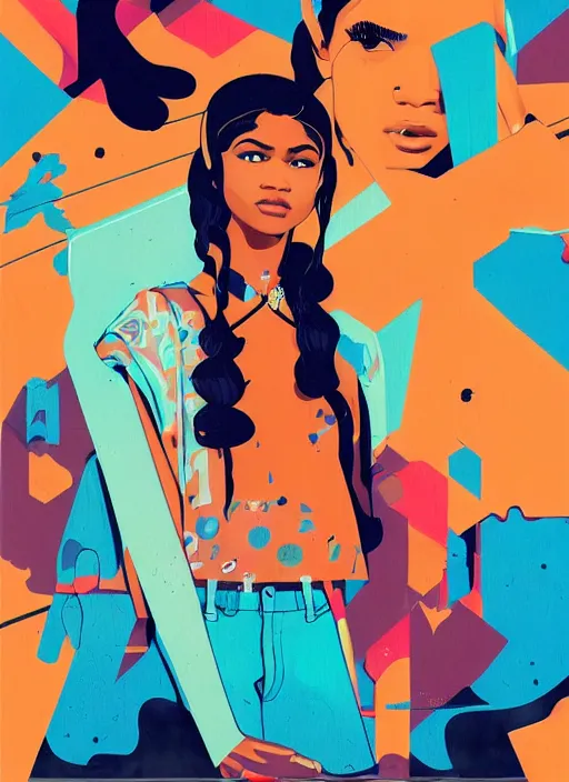 Prompt: Zendaya in Euphoria by Sachin Teng x Supreme :5 attractive, stylish, designer , asymmetrical, Matte Painting , geometric shapes, hard edges, graffiti, street art:2 Masterpiece, impressive detail, colorful, by Sachin Teng:4