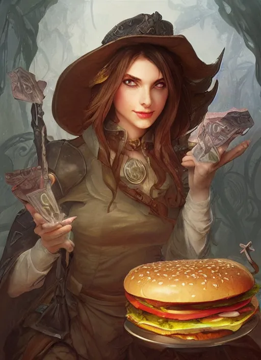 Image similar to sandwich, hamburger, steak, drinks, d & d, fantasy, intricate, elegant, highly detailed, digital painting, artstation, concept art, matte, sharp focus, illustration, hearthstone, art by artgerm, art by greg rutkowski, art by alphonse mucha