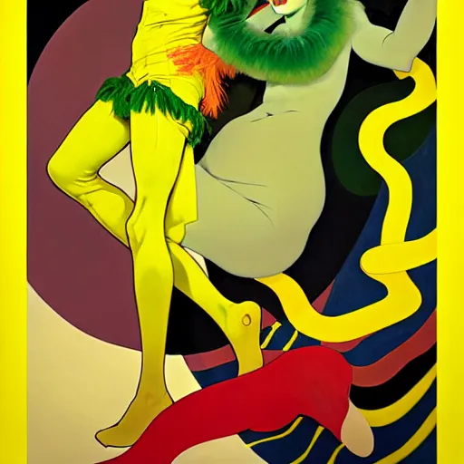 Image similar to art by joshua middleton, the yellow creeper, a tall manically smiling yellow - skinned man with green and black striped cycling shorts and wearing a long red feather boa, yellow makeup, mucha, kandinsky, poster, comic art, stylised design