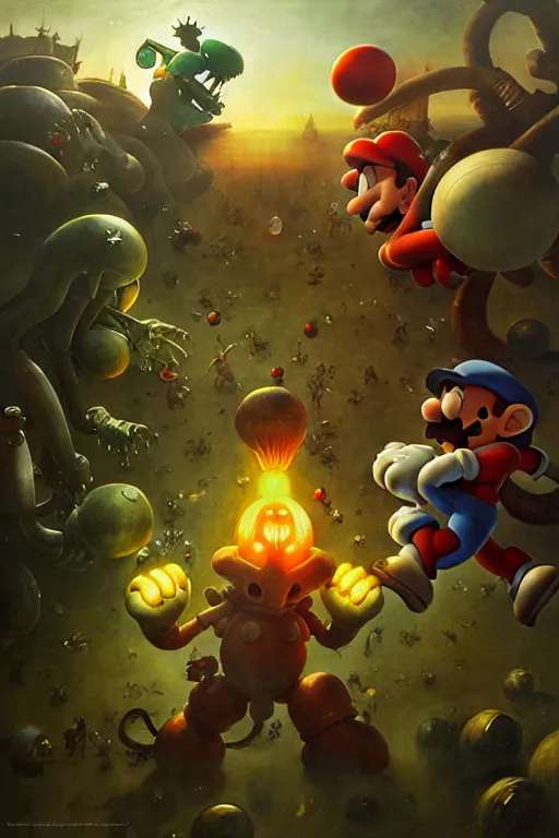 Prompt: hieronymus bosch, greg rutkowski, anna podedworna, painting of samus aran fighting mario and luigi