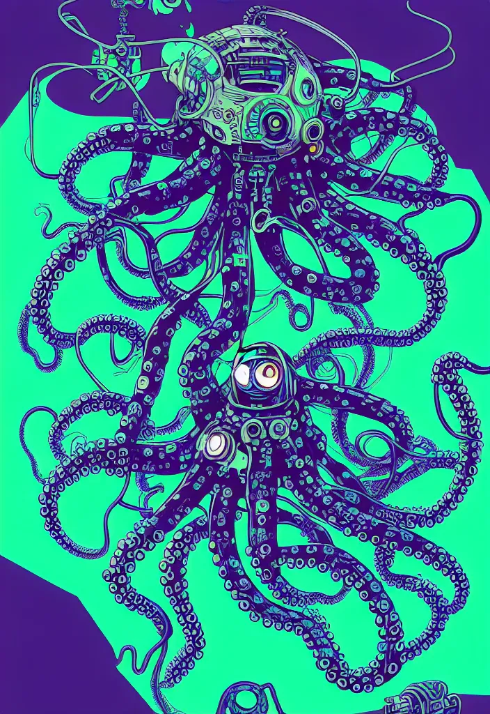 Image similar to robotic cyberpunk octopus by miyazaki, blue green purple black color palette, symmetrical vector illustration, kenneth blom, mental alchemy, james jean, pablo amaringo, naudline pierre, contemporary art, hyper detailed