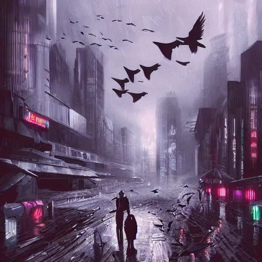 Image similar to A dark painting of a cyberpunk city infested with giant pigeons, trending on deviantart