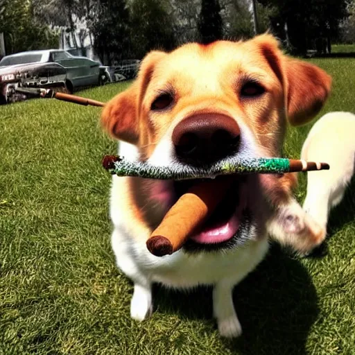 Prompt: photo of dog with cigar in mouth