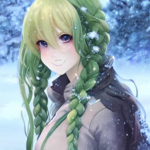 Prompt: a very beautiful anime girl, full body, long braided curly blonde hair, green eyes, full round face, short smile, casual clothes, winter setting, cinematic lightning, medium shot, mid-shot, highly detailed, trending on Artstation, Unreal Engine 4k, cinematic wallpaper by Stanley Artgerm Lau, WLOP, Rossdraws, James Jean, Andrei Riabovitchev, Marc Simonetti, and Sakimichan