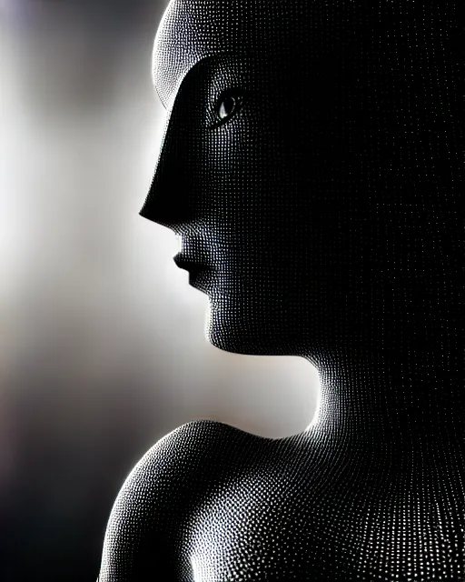 Prompt: black and white high quality photo of a beautiful female AI vegetal-cyborg looking into a sci-fi mirror, volumetric lighting, liminal space, brutalism, foggy, dreamy, hyperdetailed, bokeh, photorealistic, cinematic, masterpiece, Metropolis, elegant, dark, by Fritz Lang in the style of Horst P. Horst, octane render, 8K,