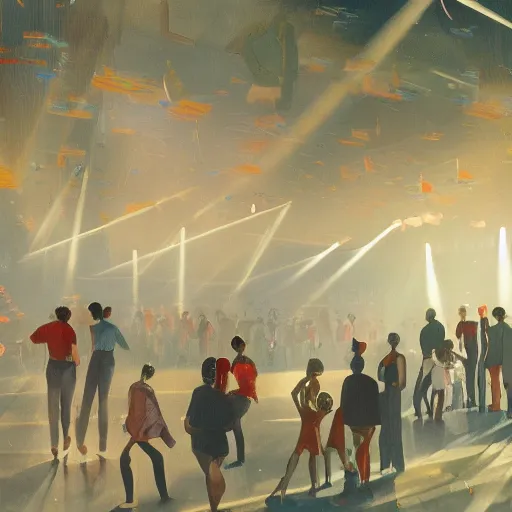 Image similar to cartoon, people communicating with each other in groups of ten, a large hall, dim painterly lighting volumetric aquatics, party