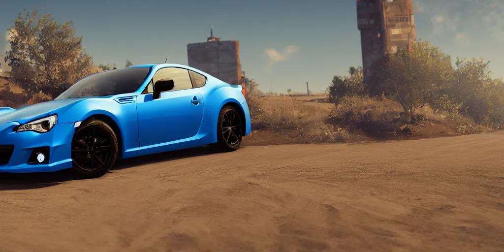 Image similar to video game concept art, blue subaru brz, cell - shaded, 4 k, ultra - high definition, unreal engine, 8 k