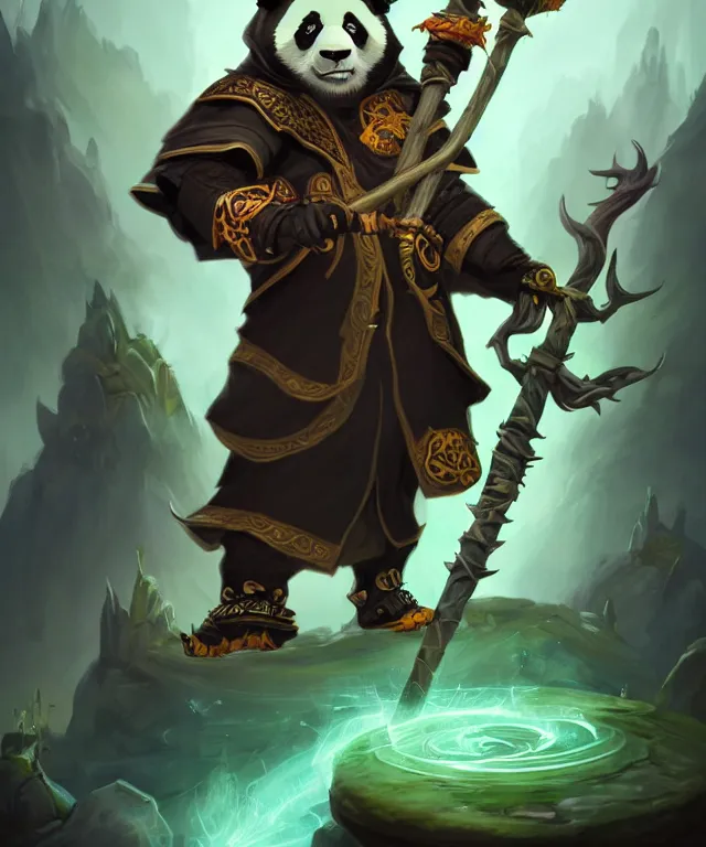 Image similar to a portrait an anthropomorphic panda warlock holding a staff, wearing warlock robes with spiked shoulders, landscape in background, dnd character art portrait, world of warcraft style, by peter mohrbacher, cinematic lighting