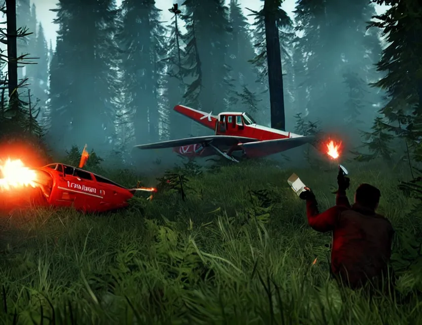 Image similar to a the forest game screenshot with a crashed plane, player is holding a lighter. ultra realistic