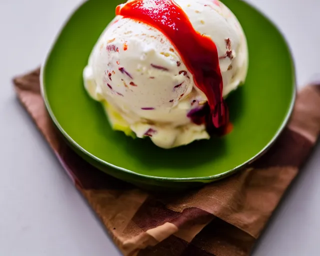 Prompt: dslr food photograph of vanilla ice cream with red onion and ketchup, 8 5 mm f 1. 4