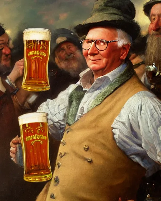 Prompt: a painting of erich honecker holding a mug of beer at the oktoberfest, a detailed painting by konstantin makovsky and by jan matejko and by nikolay makovsky, shutterstock contest winner, german romanticism, detailed painting, oil on canvas, wimmelbilder