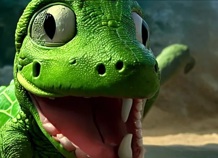 Image similar to film still of yoshi in the new sci - fi movie, cute upright dinosaur with a small turtle shell and long tongue, 8 k