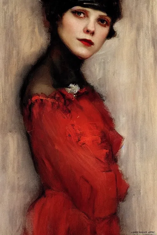 Prompt: Solomon Joseph Solomon and Richard Schmid and Jeremy Lipking victorian genre painting full length portrait painting of a young beautiful woman 1920s flapper , red background