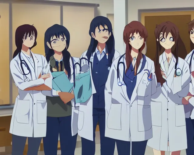 Prompt: five cute young female doctors wearing white coat standing in front of a CT machine, slice of life anime, lighting, anime scenery by Makoto shinkai