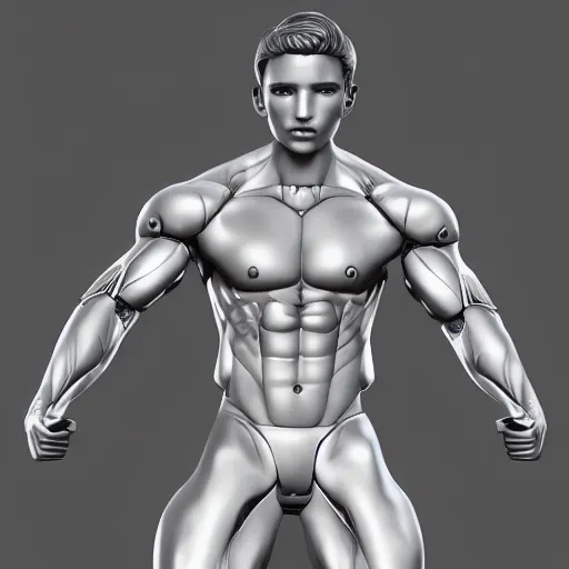 Prompt: a realistic detailed photo of a guy who is an attractive humanoid who is half robot and half humanoid, who is a male android, attractive and handsome jogger, shiny skin, posing like a statue, blank stare, in a gym, on display, showing off his muscles, wearing gym shorts, side view, looking at each other mindlessly