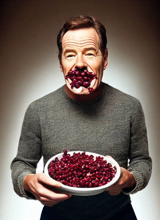 Prompt: bryan cranston bulging cheeks eating cranberries, open mouth filled with cranberries, studio light, bloom, detailed face, magazine, press, photo, steve mccurry, david lazar, canon, nikon, focus