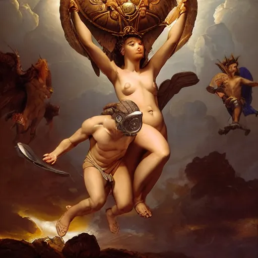 Image similar to Birth of Athena from the head of Zeus, hyperrealism, no blur, 4k resolution, ultra detailed, style of Jonathan Solter, Peter Mohrbacher, Alexander Trufanov, Finnian MacManus, Frank Frazetta, Valentin de Boulogne