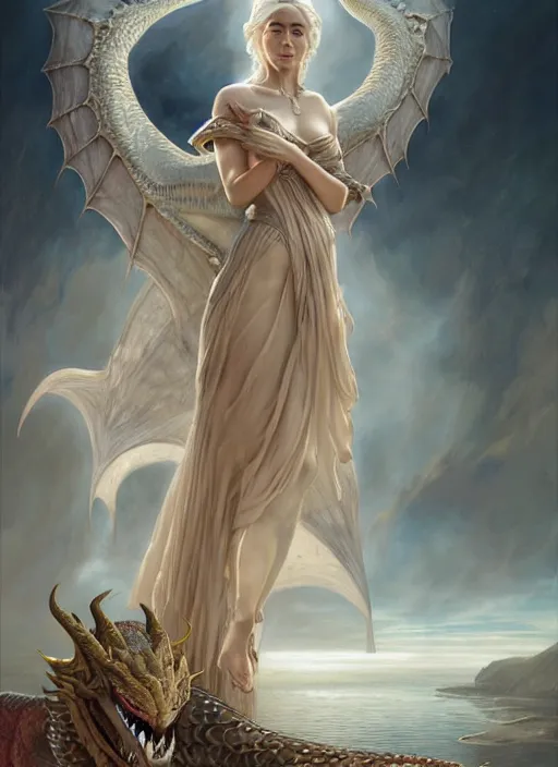 Image similar to a painting of Daenerys Targaryen in fantastic dress next to a dragon, by Jaime Jones,Tom Bagshaw,Lawrence Alma-Tadema,greg rutkowski,deviantart contest winner, fantasy art, daz3d,intricate,elegant,highly detailed,8k,digital painting,concept art, sharp focus, illustration,golden ratio