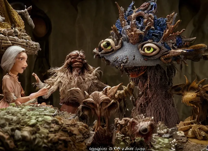 Prompt: studio photography of a fantasy claymation diorama of the dark crystal, zeiss lens, detailed, by erwin olaf, joop geesink, wes anderson, jim henson, brian froud, breathtaking, 8 k resolution, extremely detailed, beautiful, establishing shot, realistic materials, weta digital fx manuka, unreal engine, hyperrealistic