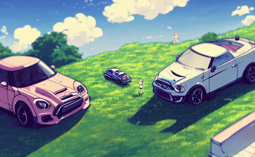 Prompt: a high school girl is watching a mini 4 wd move, clear summer sky background, lush landscape, illustration concept art anime key visual trending pixiv fanbox by wlop and greg rutkowski and makoto shinkai and studio ghibli and kyoto animation, tamiya miniature cars, hyper dash motor, carbon components, small scale racing