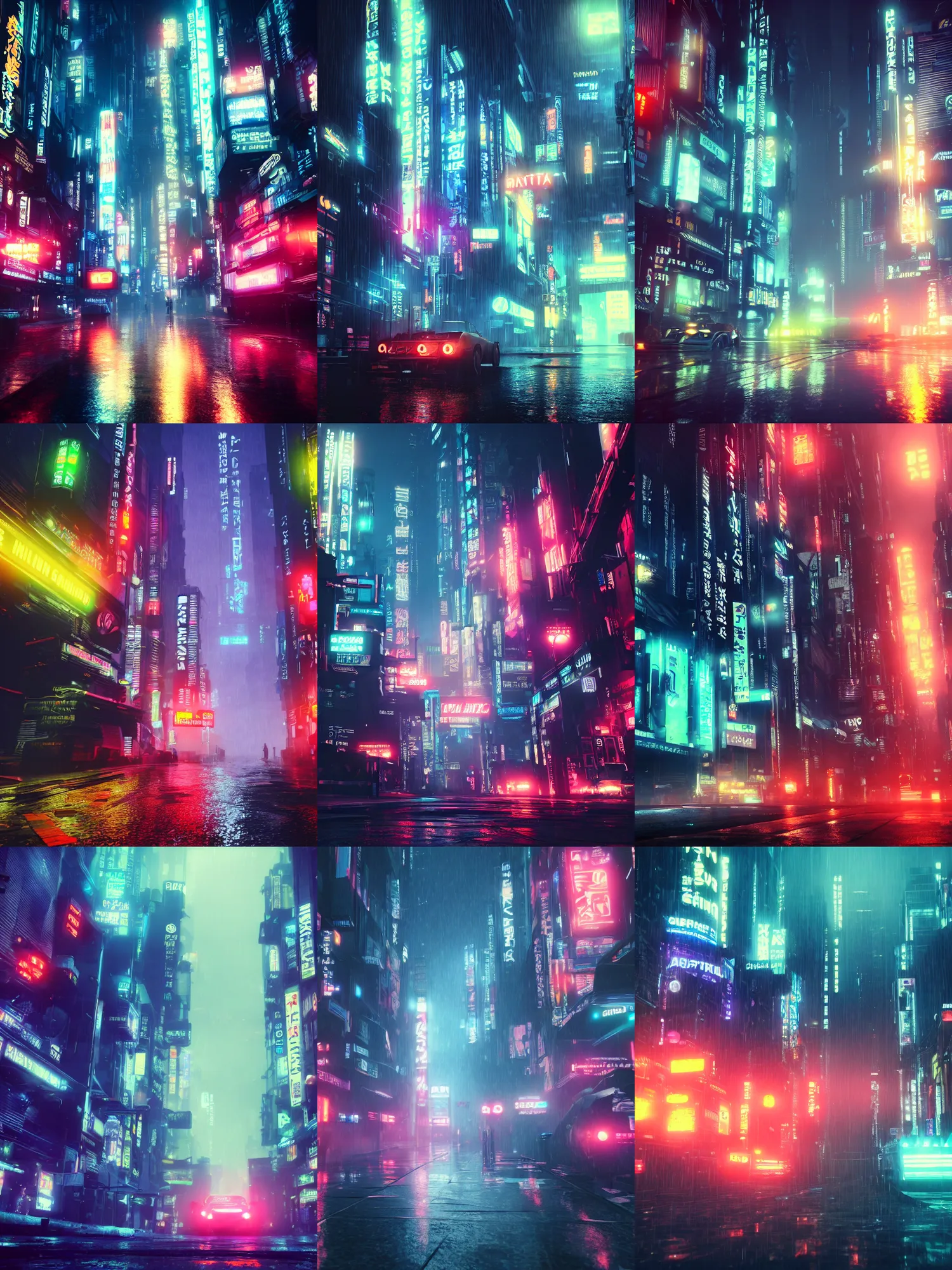 Prompt: photo of 8k ultra realistic blade runner skyline, neon, heavy rain, full of colour, cinematic lighting, battered, trending on artstation, 4k, hyperrealistic, focused, extreme details,unreal engine 5, cinematic, masterpiece, art by studio ghibli