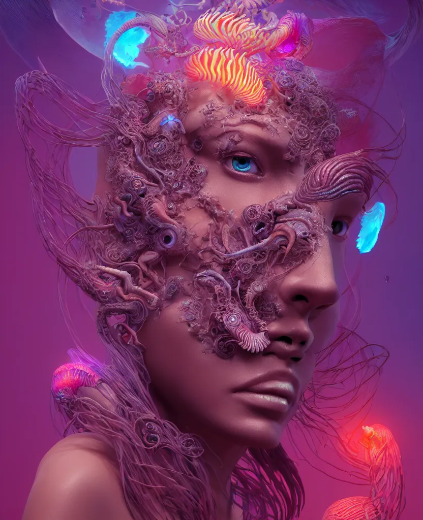 Image similar to goddess close-up portrait. chimera orchid jellyfish phoenix head, nautilus, skull, betta fish, bioluminiscent creatures, intricate artwork by Tooth Wu and wlop and beeple. octane render, trending on artstation, greg rutkowski very coherent symmetrical artwork. cinematic, hyper realism, high detail, octane render, 8k