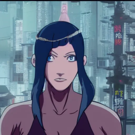 Prompt: a cyborg female buddhist monk in Ghost In the Shell anime