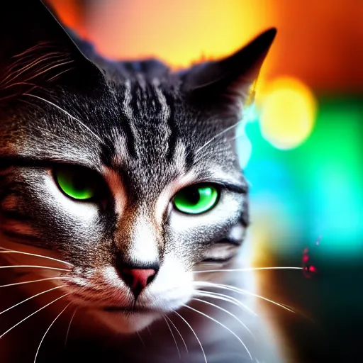Image similar to cyberpunk cat, photography, bokeh, 4k