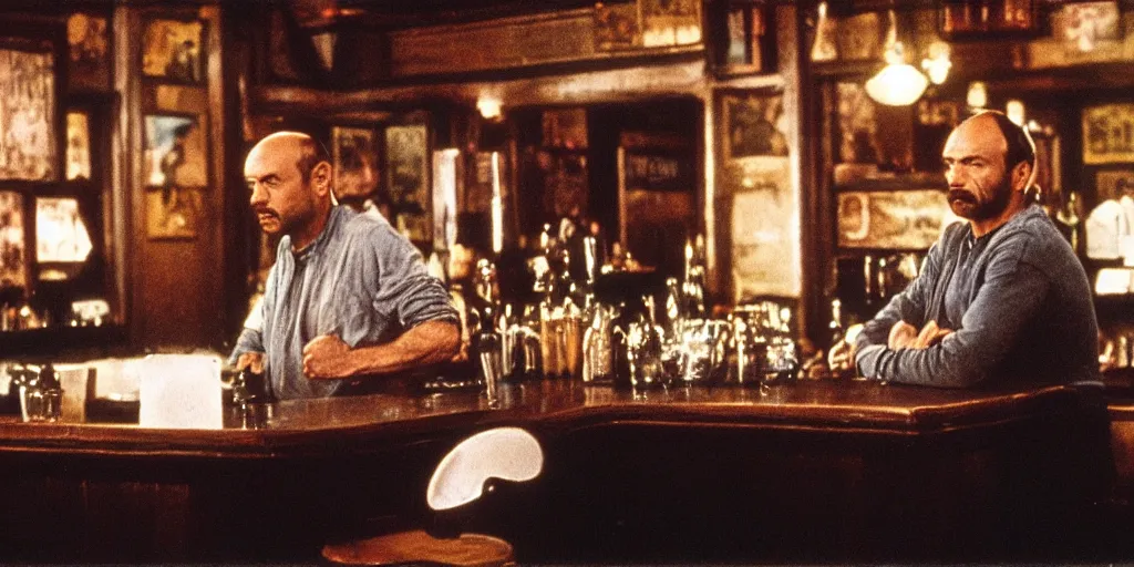 Image similar to detailed medium format photo, polaroid still from tarkovsky movie, joe rogan sitting at the bar from cheers, haze, high production value, intricate details, 8 k resolution, hyperrealistic, hdr, photorealistic, high definition, tehnicolor, award - winning photography, masterpiece, amazing colors