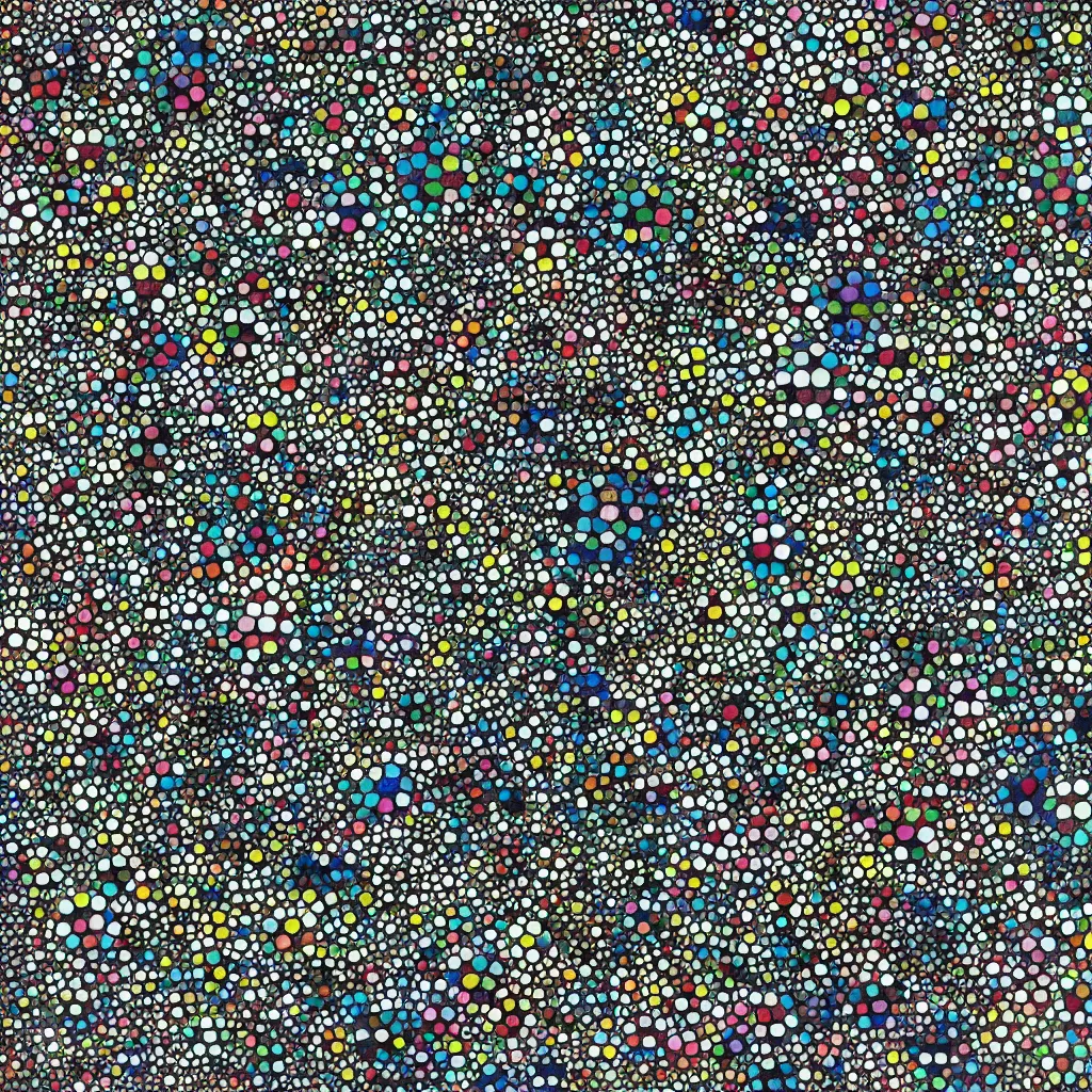 Prompt: camouflage made of love, style of takashi murakami, abstract, rei kawakubo artwork, cryptic, dots, stipple, lines, splotch, color tearing, pitch bending, color splotches, dark, ominous, eerie, minimal, points, technical, old painting