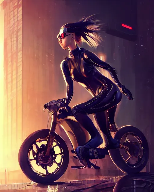 Image similar to girl wearing cyberpunk intricate catsuit riding bike, respirator, detailed portrait, cell shaded, 4 k, concept art, by wlop, ilya kuvshinov, artgerm, krenz cushart, greg rutkowski, pixiv. cinematic dramatic atmosphere, sharp focus, volumetric lighting, cinematic lighting, studio quality