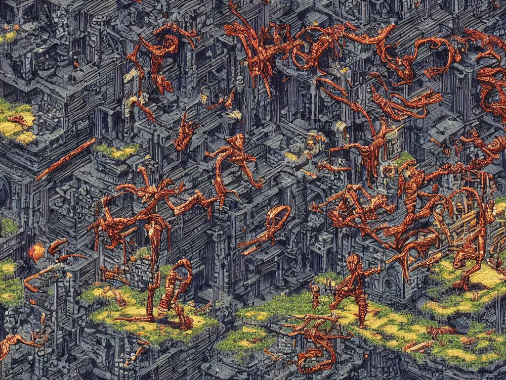 Image similar to Sega Mega Drive Genesis sidescroller game by H.R. Giger, Todd McFarlane, Zdzislaw Beksinski, pixelated