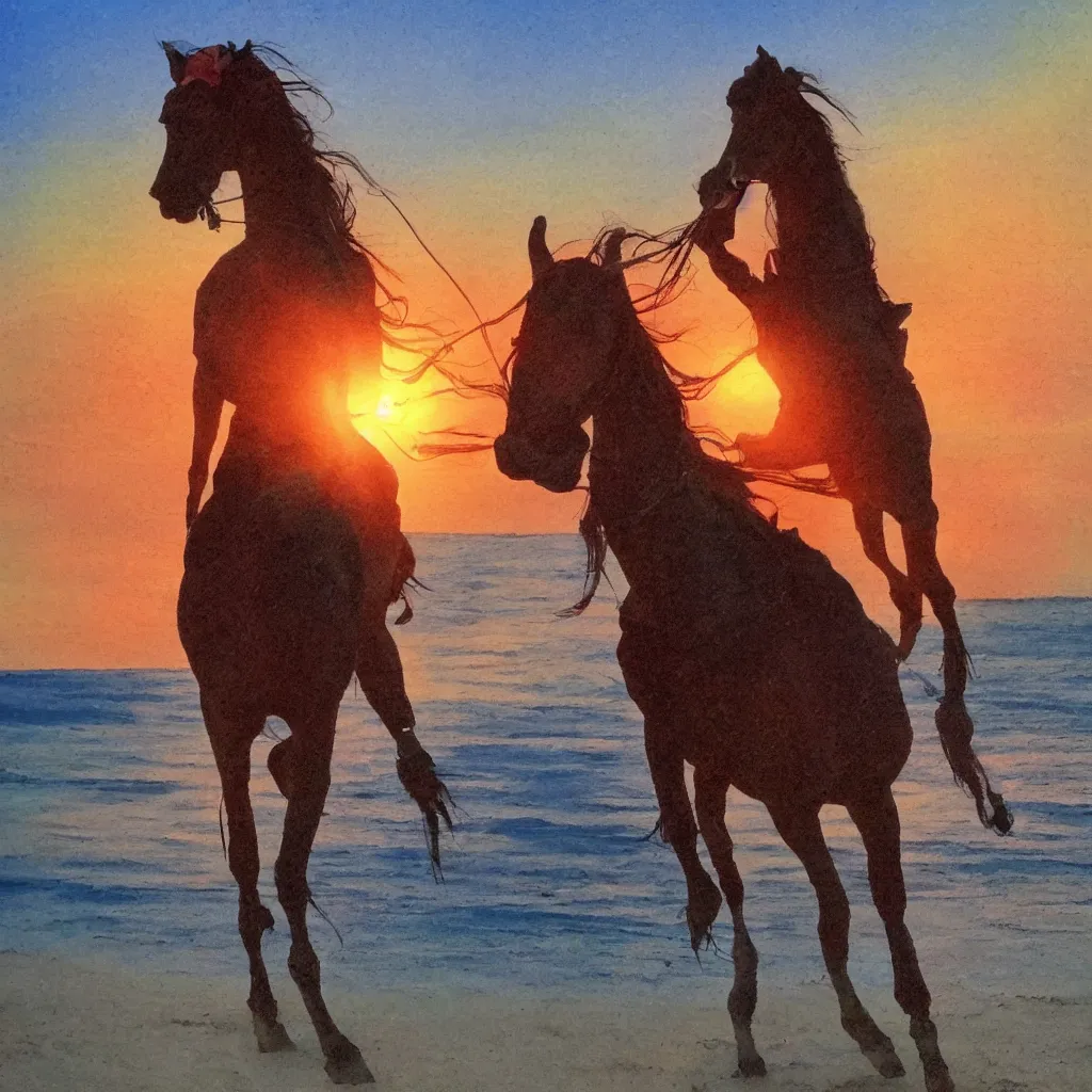 Image similar to Emin Gün Sirer riding a red horse in a white beach, sun sets, dramatic lighting, heroic exposure