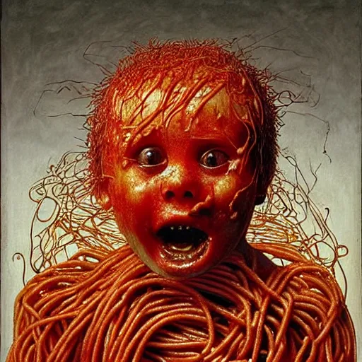 Prompt: a boy made of spaghetti and tomato sauce, looking straight into camera, screaming in desperation, by giuseppe arcimboldo and ambrosius benson, renaissance, fruit, intricate and intense oil paint, a touch of beksinski and hr giger and edward munch, realistic