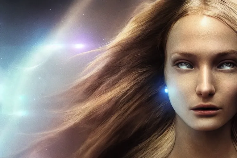 Image similar to VFX movie of a futuristic space woman model gorgeous portrait in inhuman future spaceship, beautiful natural skin natural lighting by Emmanuel Lubezki