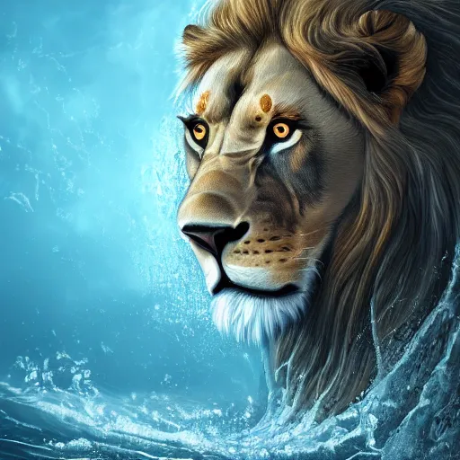 Image similar to a male lion's face breaching through a wall of water, headshot, water sprites, splashing, deep blue ocean, highly detailed, realistic digital art, trending on artstation