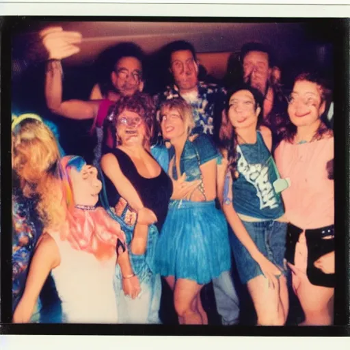 Image similar to a polaroid photo of an 8 0 s party after dark