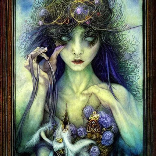 Image similar to queen of the dreamlands, misty night, beautiful! coherent! by brian froud, deep colors, strong lines, high contrast