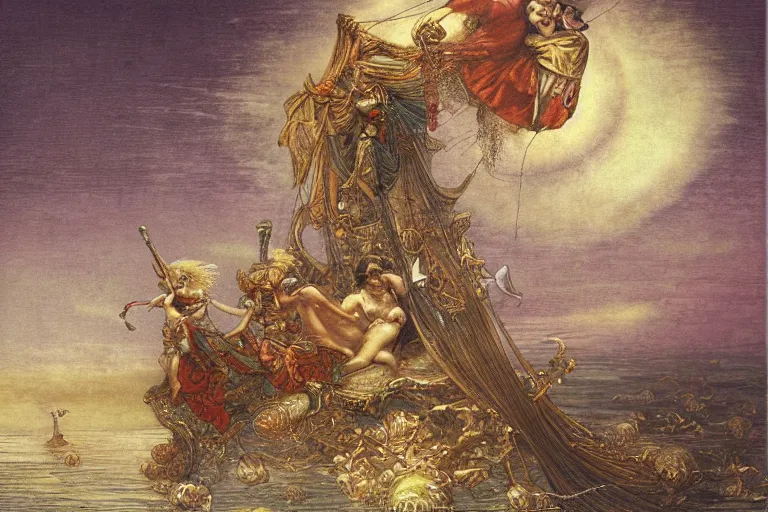 Prompt: princess rides an onion across the ocean by Yoshitaka Amano, oil painting on canvas, style of Gustave Dore