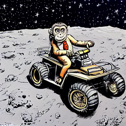 Prompt: painting of monkey in tuxedo riding an atv on the moon, jack davis style