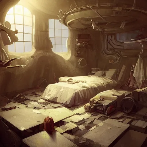 Prompt: detailed room in the sewer lair The room is a clutter if clothes and a bunkbed with space posters everywhere,soft,light,bright,epic,awesome,digital art, by Simon baek and Greg rutkowski