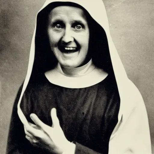 Image similar to antique photograph of an evil catholic nun, evil eyes, horror, looking at the camera, evil smile, sharp teeth, headshot