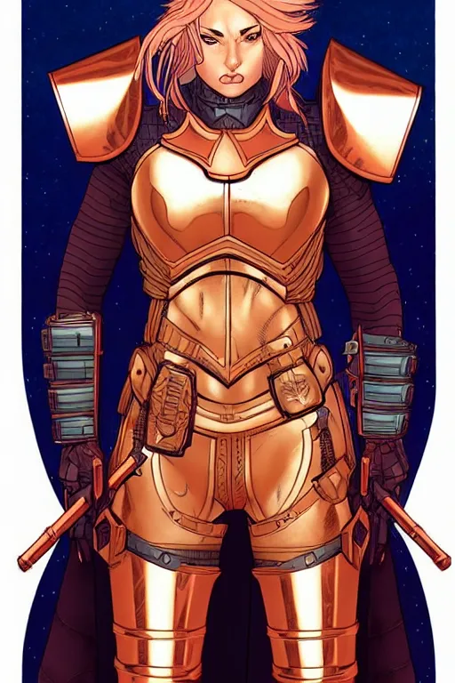 Prompt: comic cover art of a stunning female paladin wearing copper armor, inspired by gunsmith cats and tank girl, illustration by jenny frison and sana takeda, intricate details, stunning inking lines, stunning gradient colors, 4 k, hd, artstation