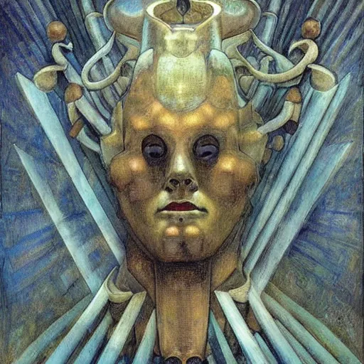 Image similar to weeping robot wearing the bone crown, by Annie Swynnerton and Diego Rivera and Evelyn De Morgan, symbolist, dramatic lighting, elaborate geometric ornament, Jugendstil ,god rays, soft cool colors,smooth, sharp focus, extremely detailed, Adolf Wölfli